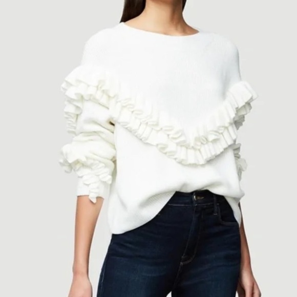 Frame Ruffle Yoke Ribbed Wool Blend Cream Knit Pullover Sweater - Picture 4 of 14